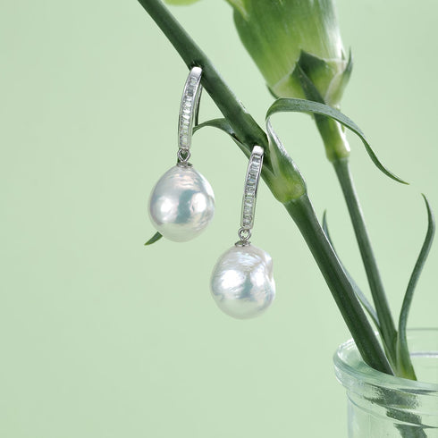 Waterdrop Baroque Pearl Zirconia Hook Earrings  – Sterling Silver